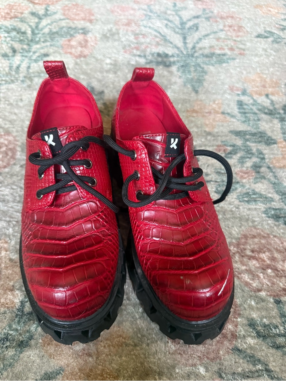 koi Red Croc-Embossed Lace-Up Flats with Chunky Black Sole